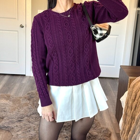 LL Bean Cable Knit Sweater Crewneck Purple Cottagecore Classic Grandma Chic L - Picture 1 of 8